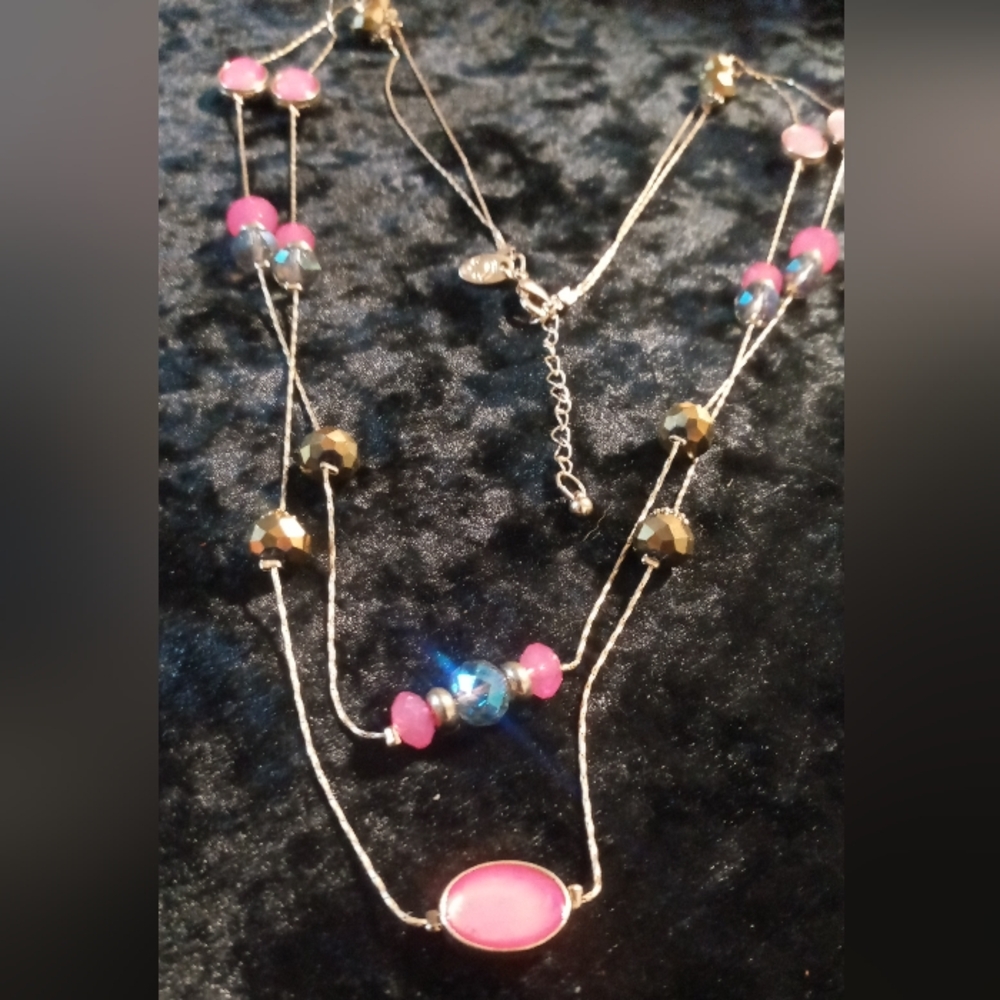 Chico's Pink Gold & Blue Long Beaded  Necklaceon A Beautiful Gold Chain